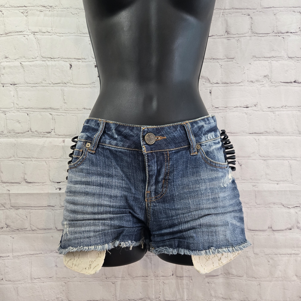 Vtg‎ Y2K Indigo rein Ultra Low Rise Micro Mini Jean Short 9 Lace Peekaboo Pocket